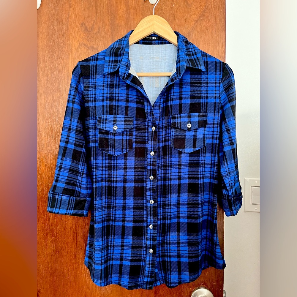 Paper Moon navy blue and black button down flannel shirt